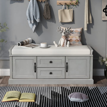Classic Wood Shoe Storage Bench with Drawers and Seat Cushion Hallway Front Door Gray Wash