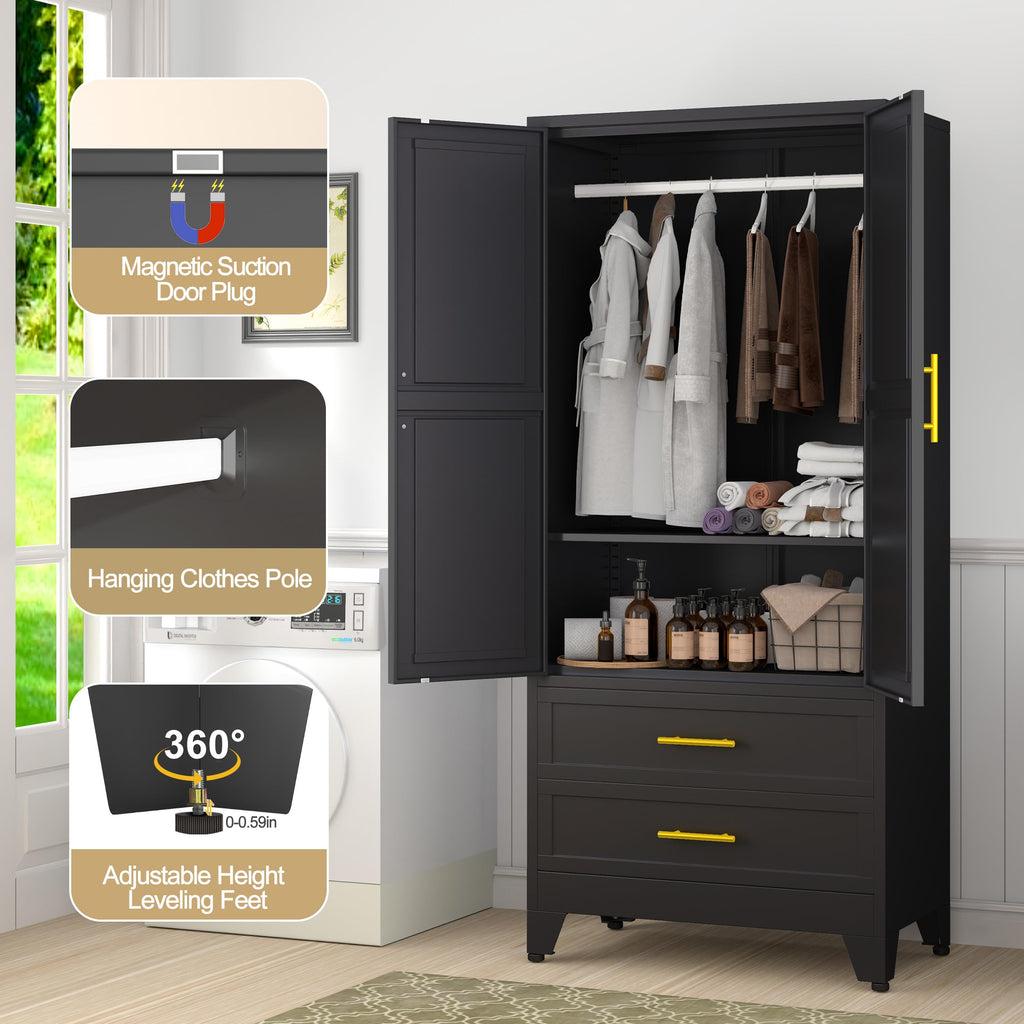 71" Metal Wardrobe Cabinet with 2 Drawers and Hanging Rod Black