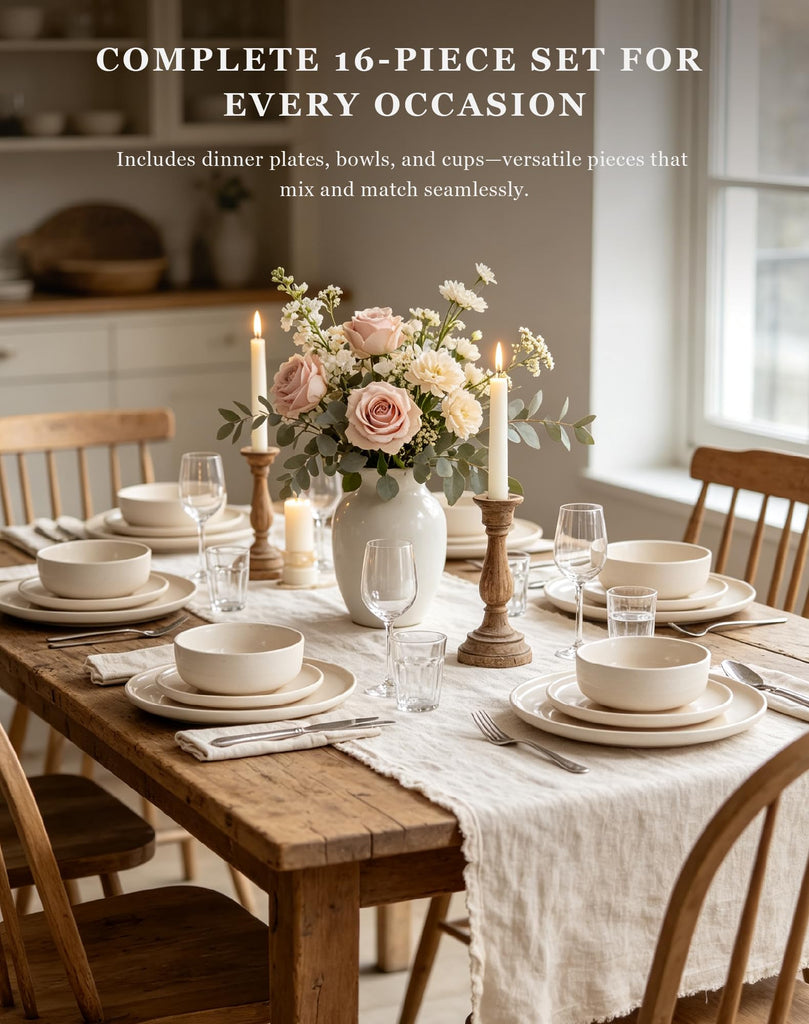 16-Piece Stoneware Dinnerware Set for 4 with Mugs, Plates and Bowls Sets with Partially Unglazed Base, Scratch