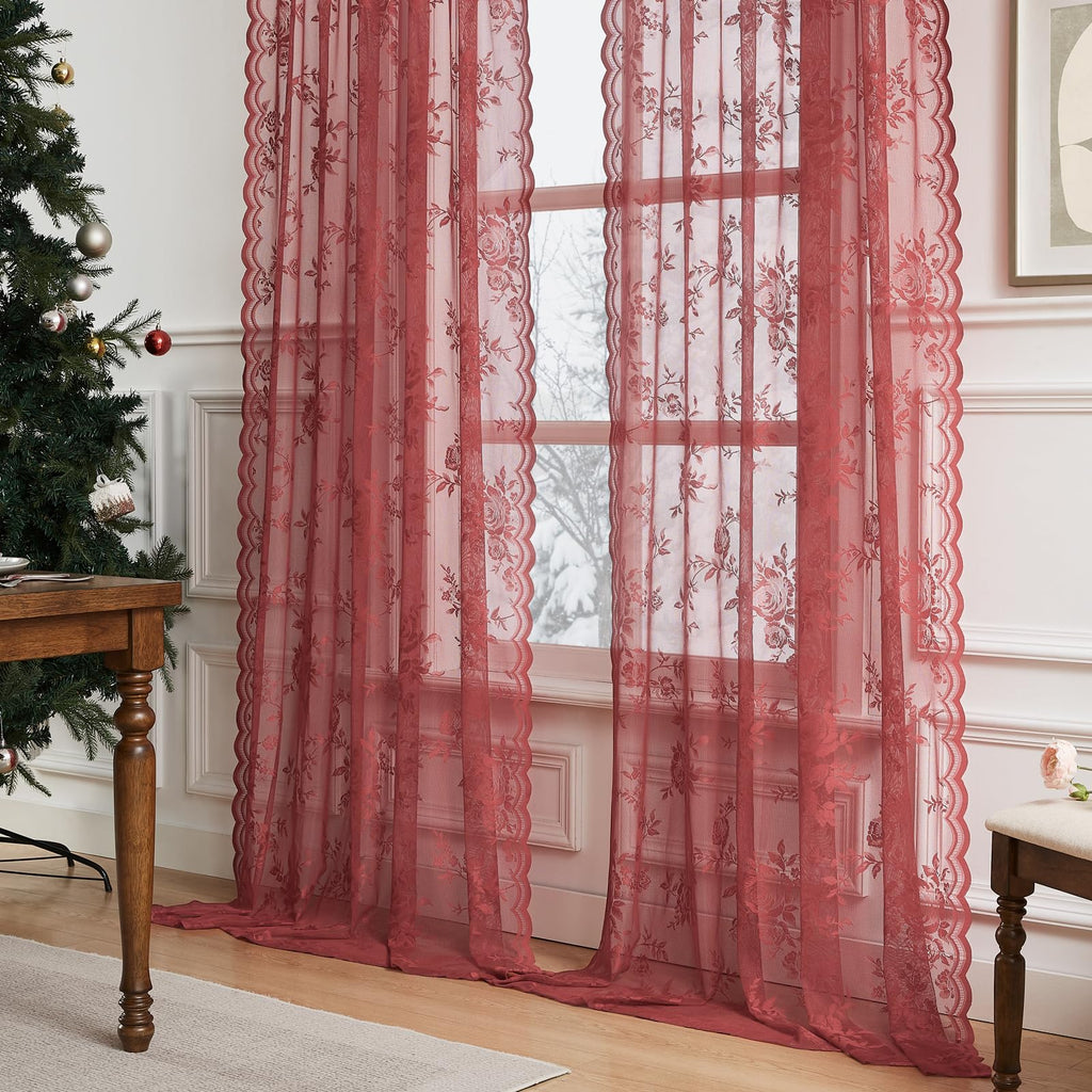 Coral Lace Curtains 108 Inches Long 2 Panels Rod Pocket Large Floral Embroidery Light Filtering Privacy Vintage