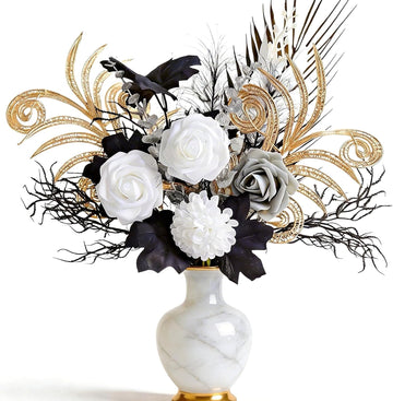 17" Gothic Metallic Texture Black Gold Bouquet,Artificial Silk White Rose - Set of 14