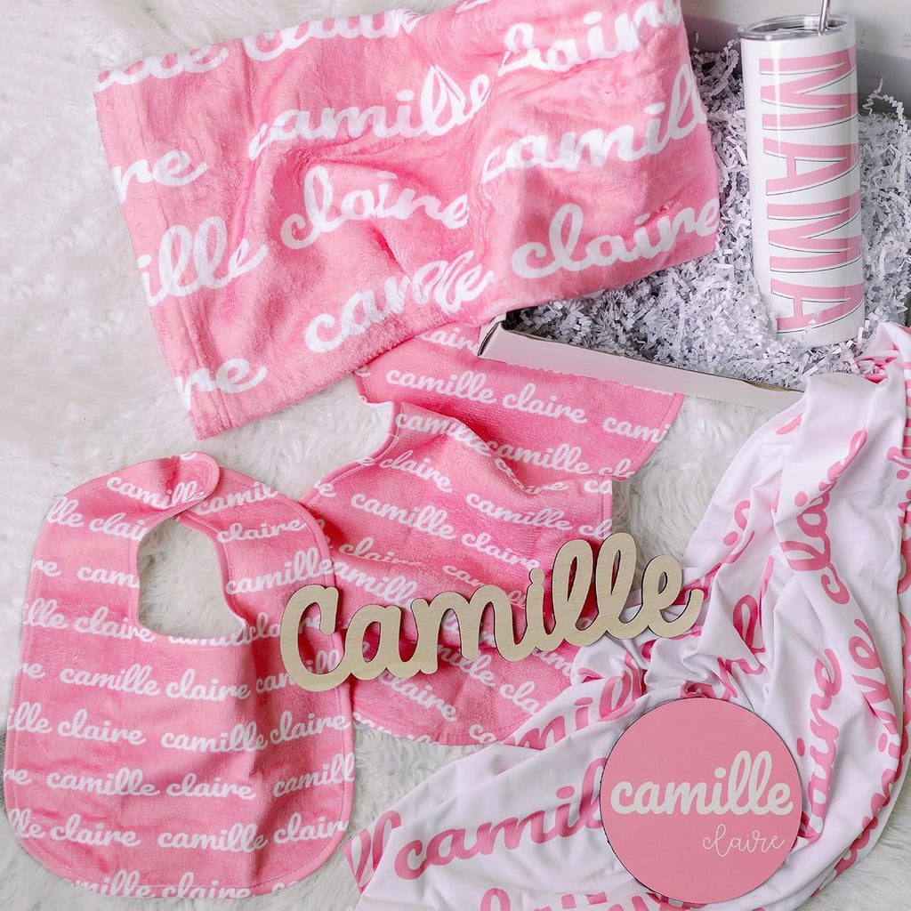 Personalized Baby Gift Set - Luxury Piece Welcome Bundle with Custom Monogrammed Ultra-Soft Baby Blanket, Feeding