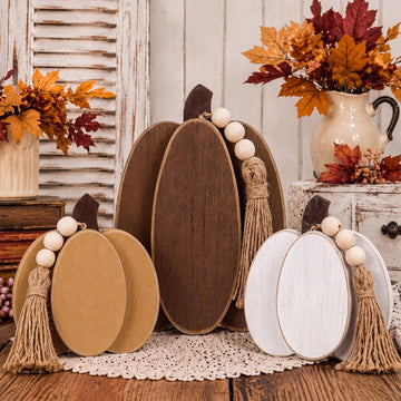 Fall Thanksgiving Pumpkin Decor with Beige Beads Fall Wooden Sign 3D Pumpkin Tabletop Centerpiece Farmhouse - Set of 3