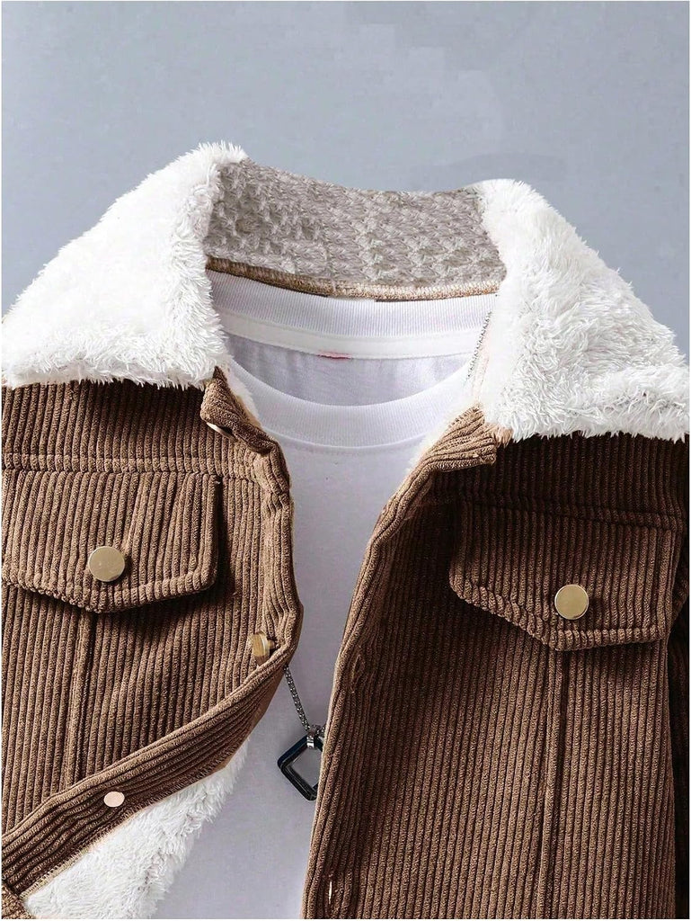 Boy's Button Up Corduroy Fleece Jacket Collared Outerwear Fall Winter Clothes