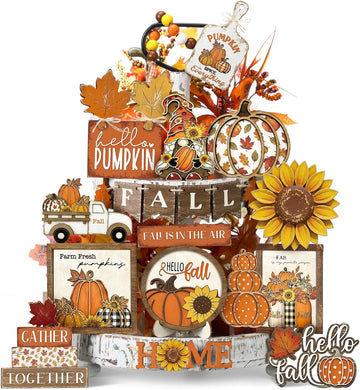 Fall Tiered Tray Decor Set Hello Fall Thanksgiving Wood Sign Pumpkin Sunflower Gnome Farm Truck Wood Bead - Set of 21