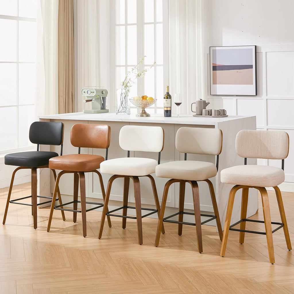 Swivel Bar Stools Set of 3, 26" Upholstered Counter Height Bar Stools with Back and Walnut Wood Legs, Faux Leather