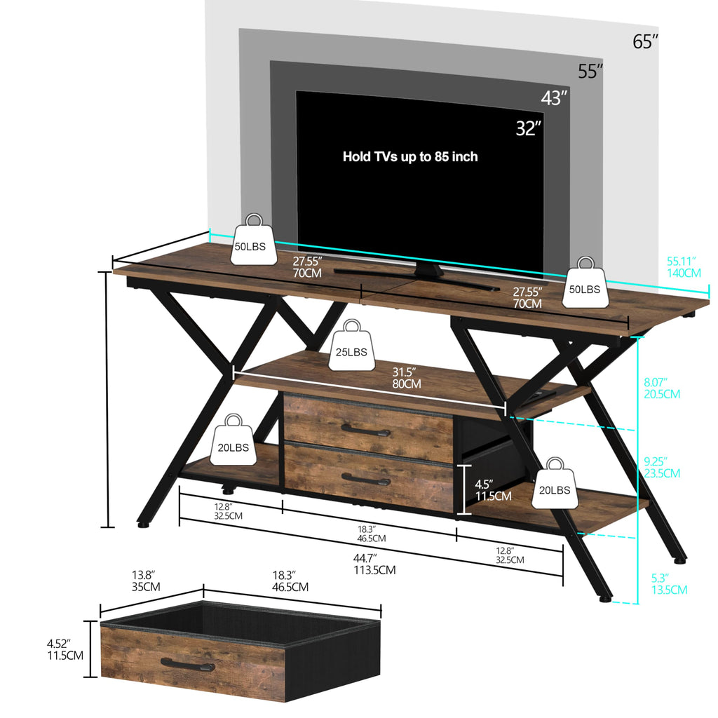 TV Stand with Power Outlet & LED Lights for TVs up to 65", Rustic Brown