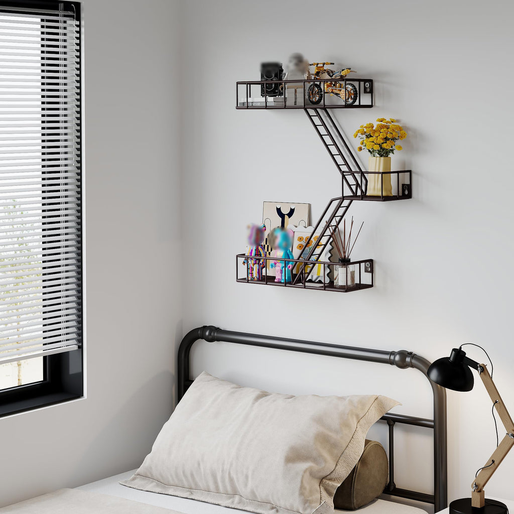 Fire Escape Shelf - 3 Tier Metal Coffe Fire Escape Wall Shelves with Baskets, New York Action Figurine Display Shelf