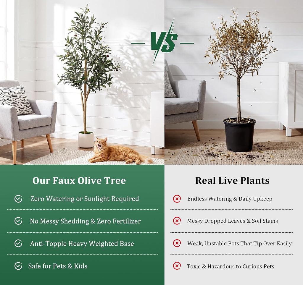 Artificial Olive Tree 6FT with Natural Wood Trunk, Realistic Silk Leaves