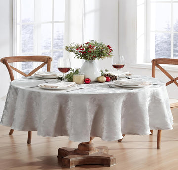 Christmas Carol Holiday Noel Damask Fabric Tablecloth, 60 x 84 Inch Oval, Grey, Holly Leaf Poinsetti