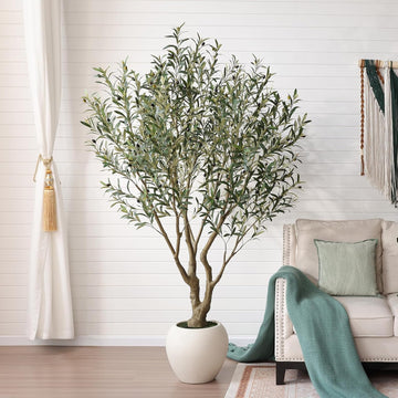 Artificial Olive Tree 7FT Faux Plant Home Decor - Large White Pot with Lifelike Silk Leaves, UV Resistant & No