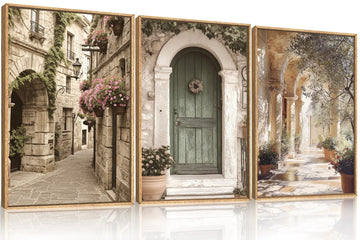 European Flower Street Framed Canvas Wall Art Set, Natural Architecture Travel City Landscape Wall Decor, Vintage