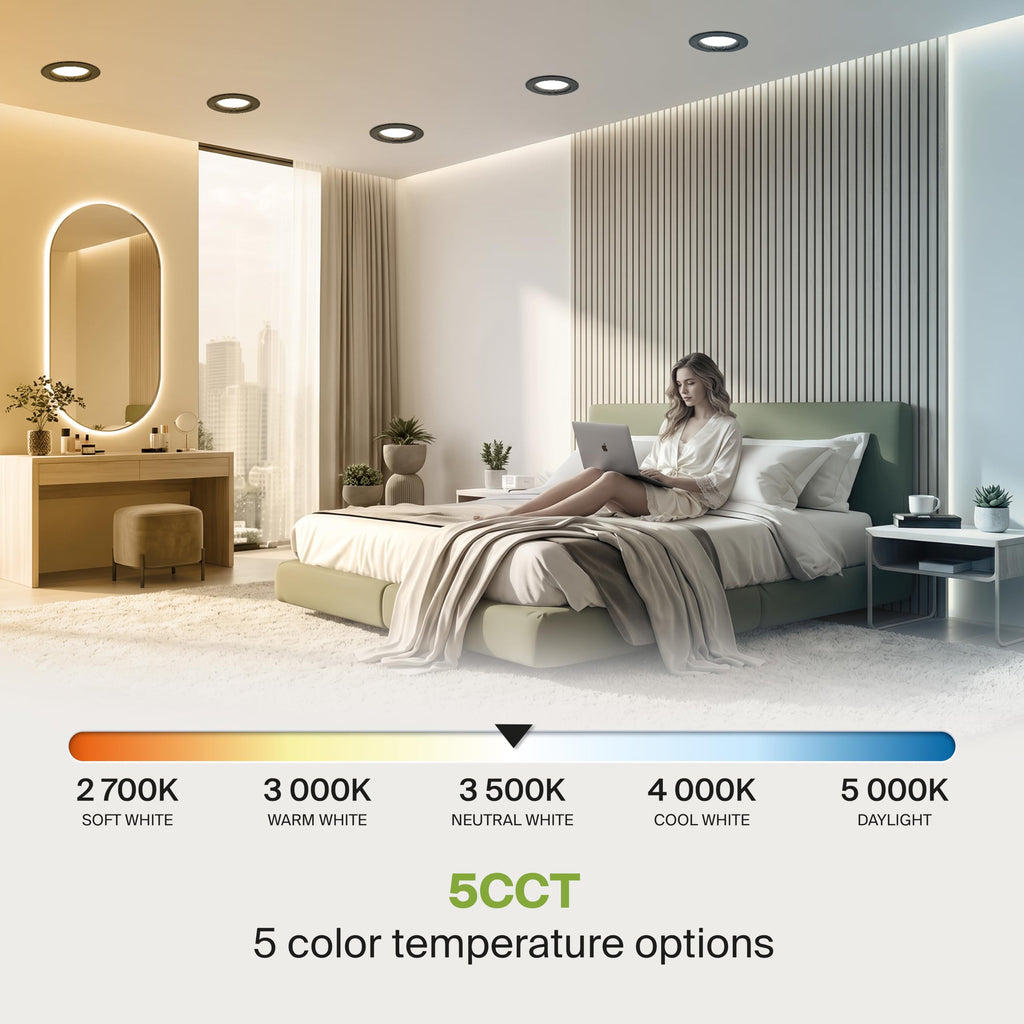 6 Pack Black 4 Inch Retrofit LED Recessed Light, 5CCT Wafer Lights