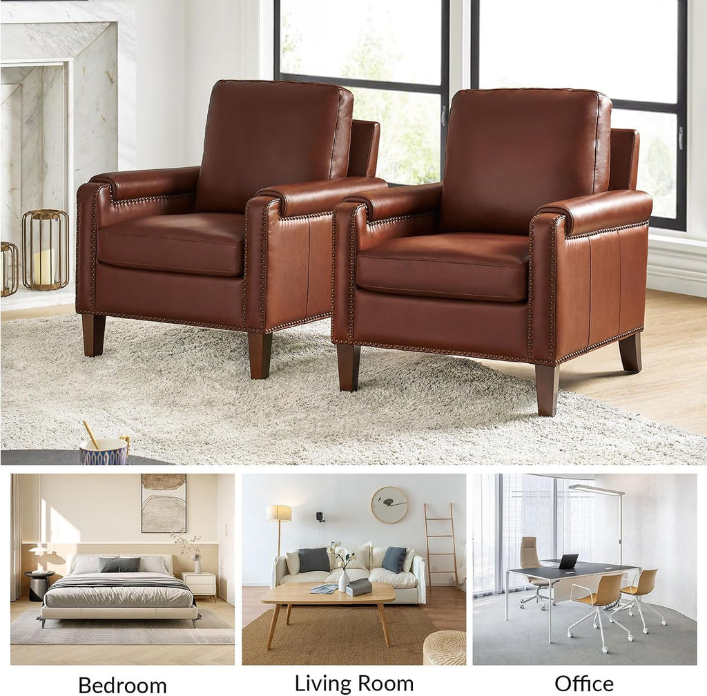Genuine Leather Accent Chair with Solid Wood Legs, Brown