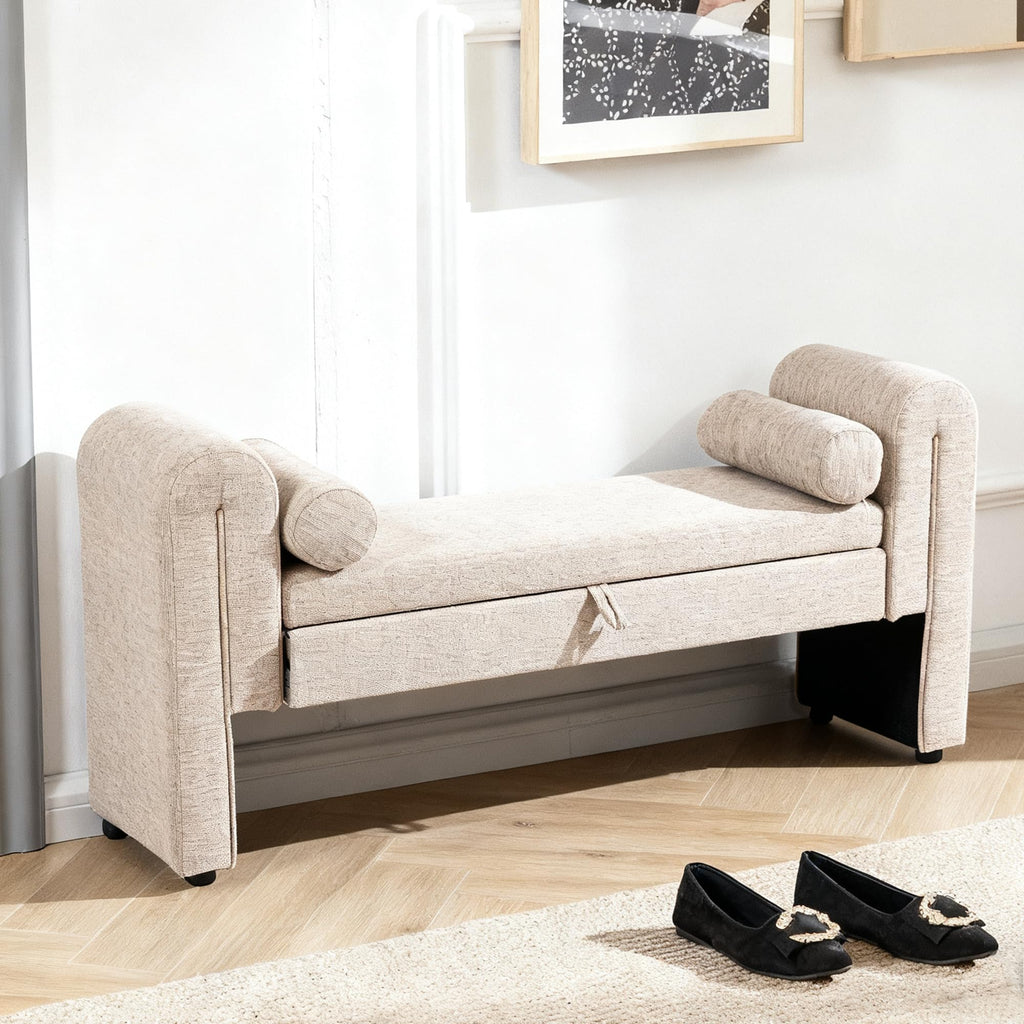 65" Velvet Button Tufted Storage Ottoman Bench Wood Legs Bedroom (Oatmeal)