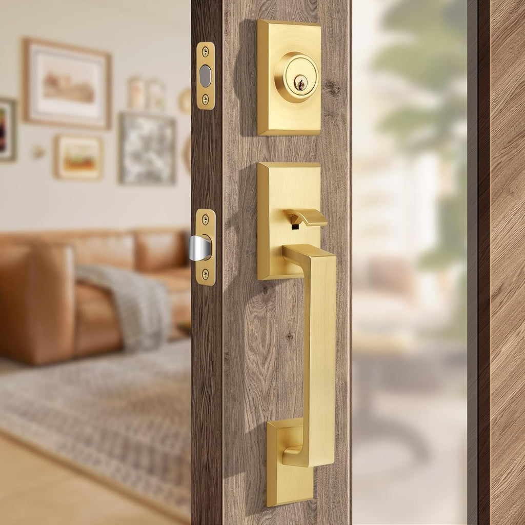 Brushed Gold Square Front Door Handle Set, Heavy Duty Entry Door Handleset with Keys