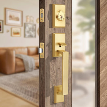 Brushed Gold Square Front Door Handle Set, Heavy Duty Entry Door Handleset with Keys