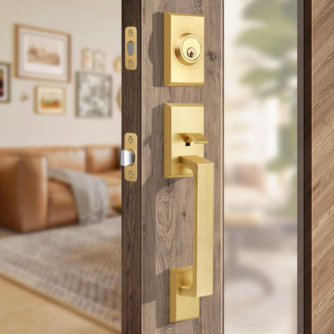 Brushed Gold Square Front Door Handle Set, Heavy Duty Entry Door Handleset with Keys