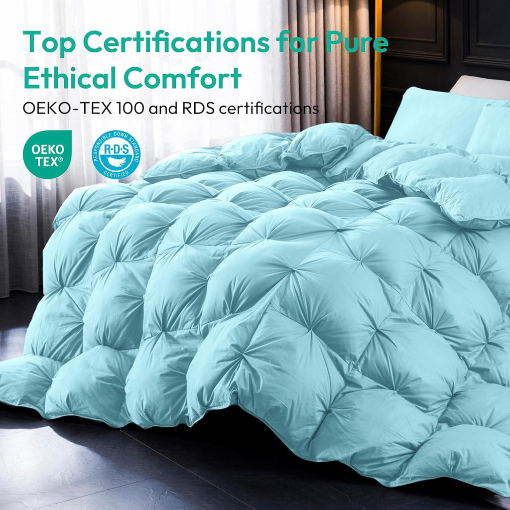 Pinch Pleat Waterfowl Feathers and Down Comforter Twin Duvet Insert,750+ Fill Power,1200TC 100% Cotton, Premium All