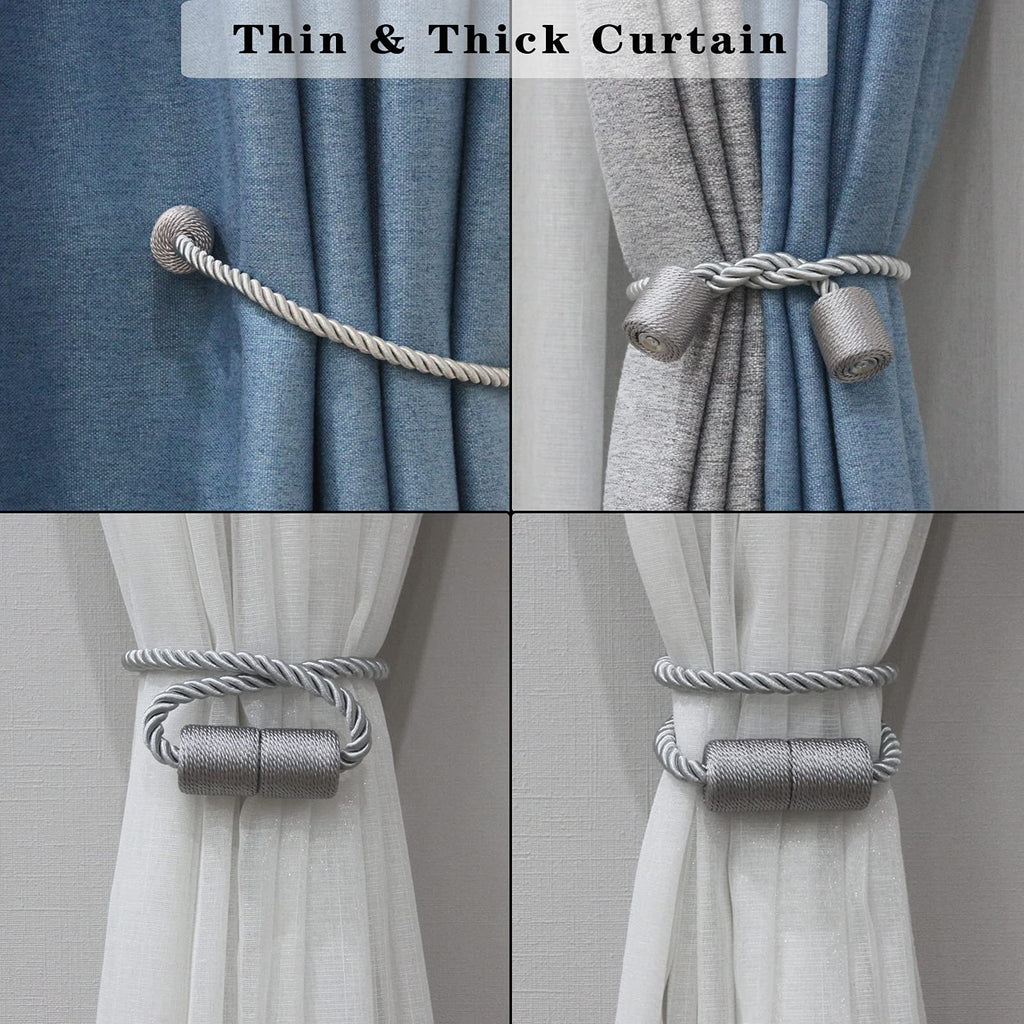 Grey Strong Magnetic Curtain Tiebacks Outdoor Elegant Decorative Tie Backs Modern Rope Tiebacks for Drapes - 2 Pack