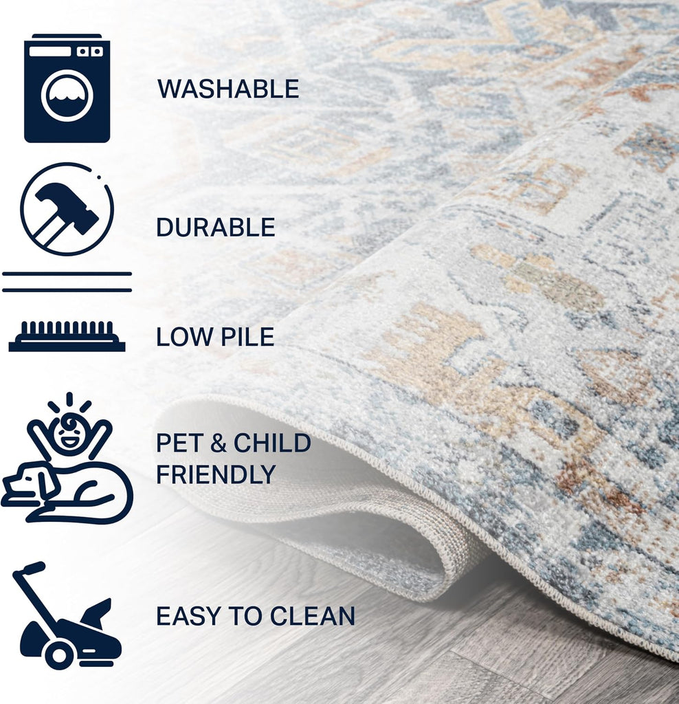 Machine Washable Indoor Area Rug Cream/Blue/Terra, Shaemus Bohemian Medallion Low-Pile, Easy-Cleaning