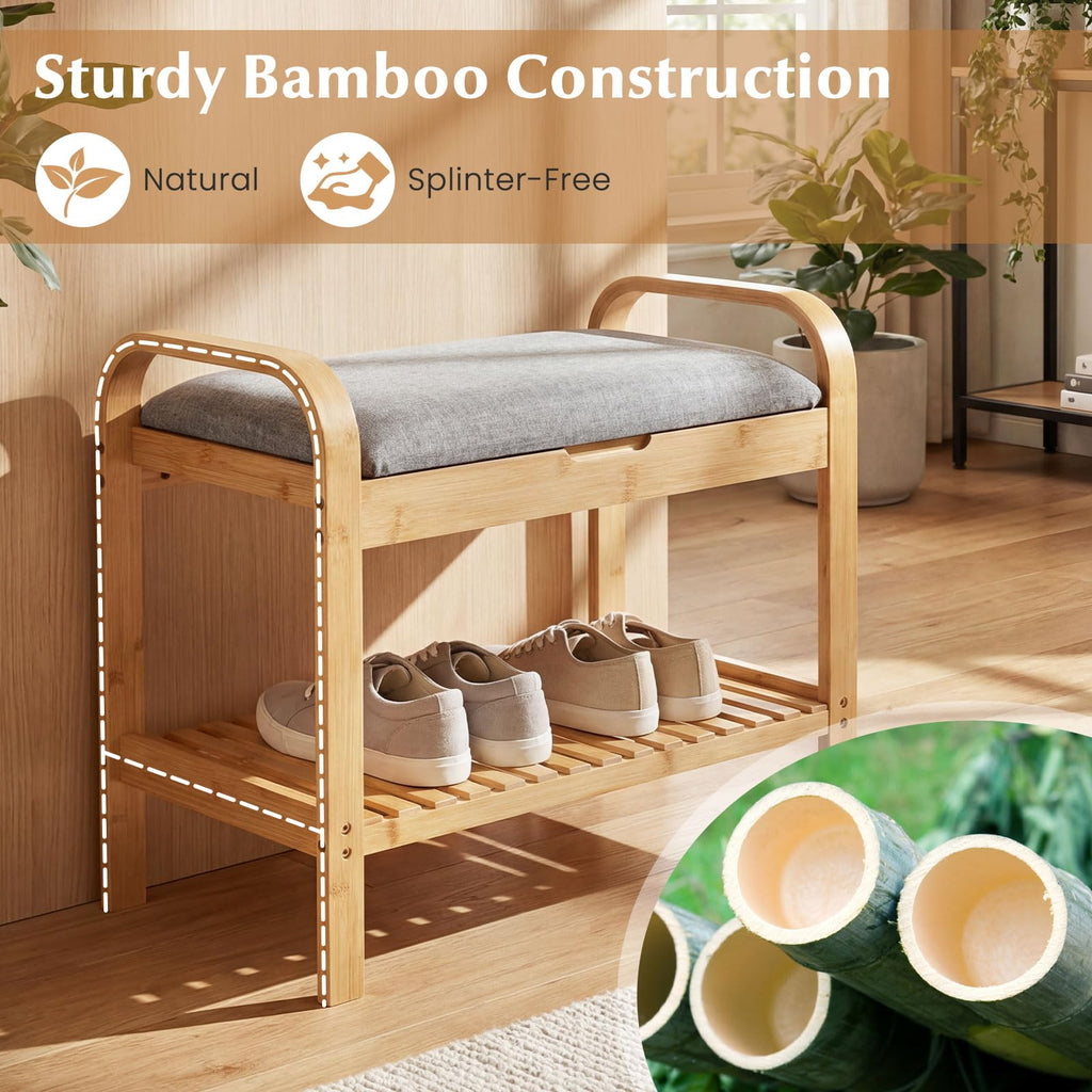 Small Entryway Bench with Storage, 2-Tier Bamboo Shoe Rack Bench with Flip Top Storage Space and Padded Cushion, Shoe