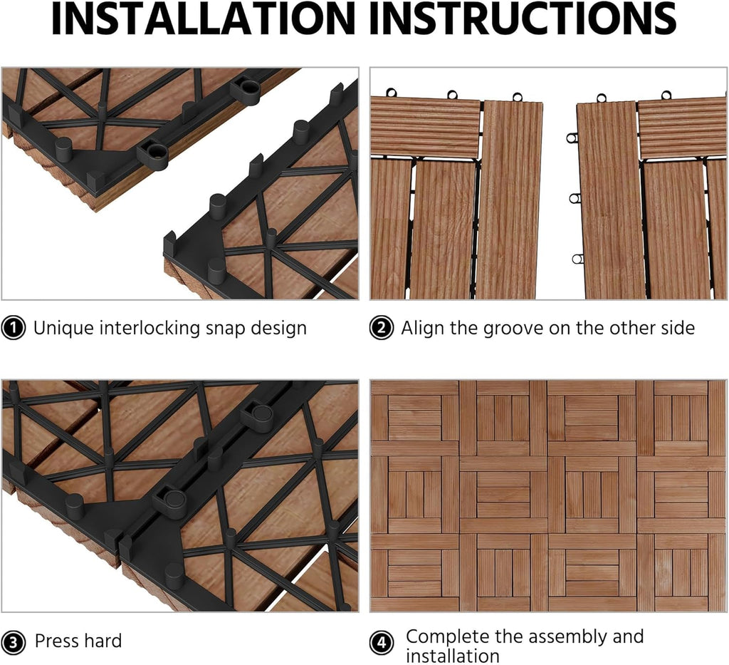 27PCS Wooden Flooring Patio Deck Tiles Interlocking Tiles Patio Solid Wood and Plastic Indoor&Outdoor 12 x 12in Brown