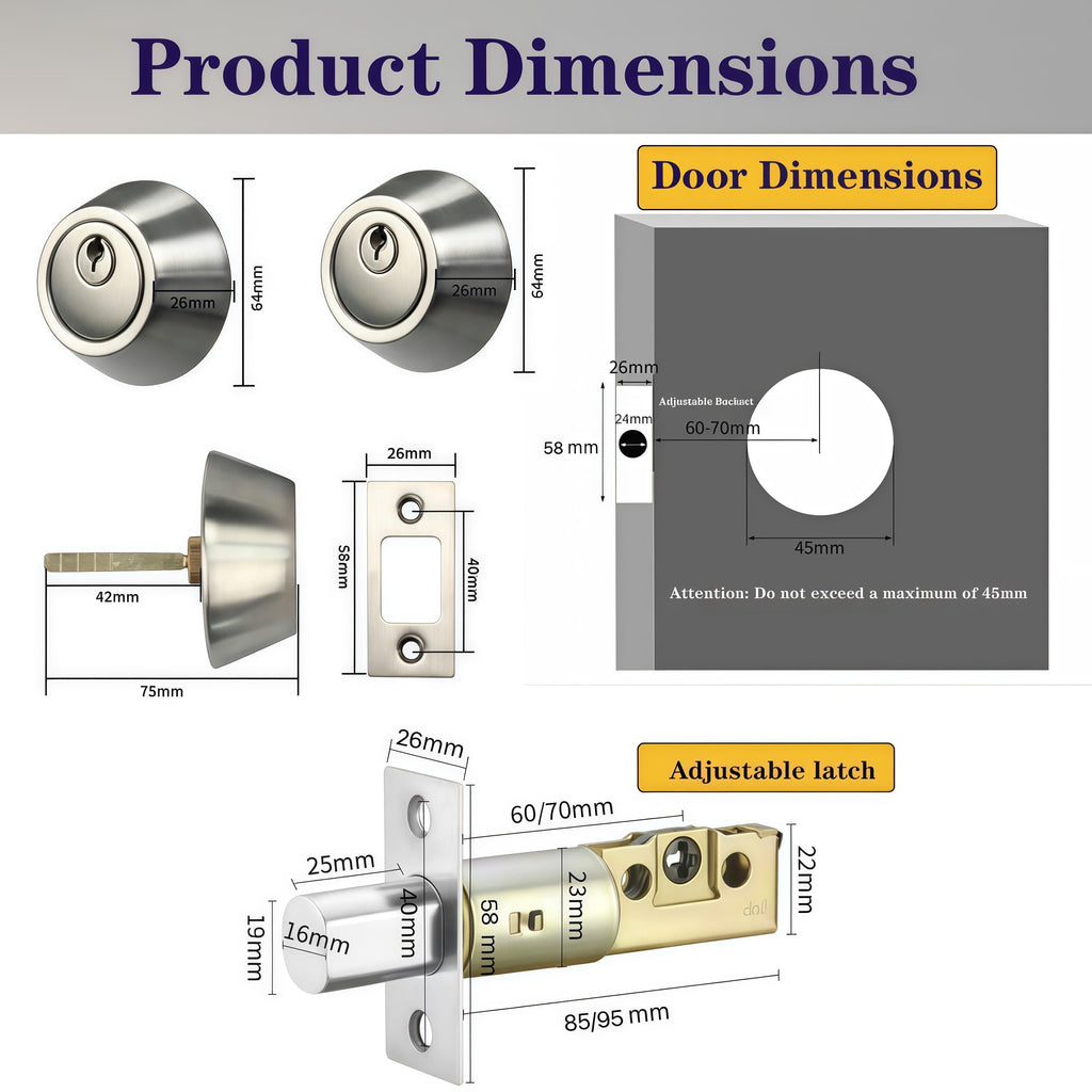 Silver Steel Double-Head Cylinder Deadbolt, keyed 2 Sides