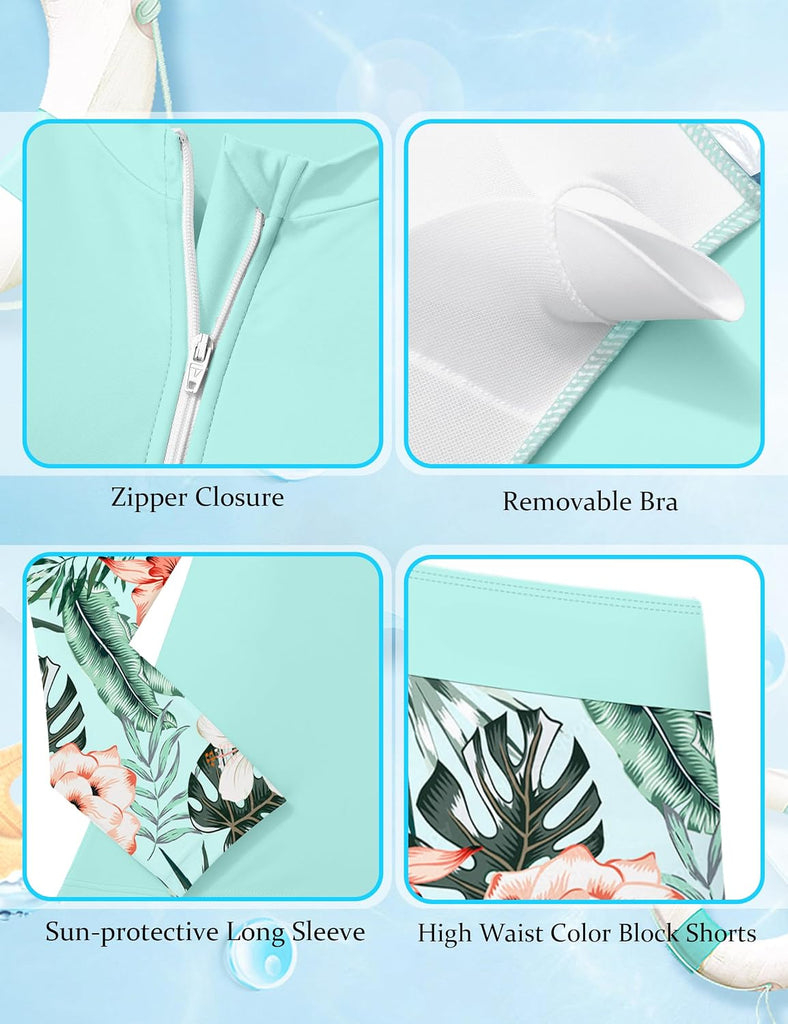 Girls Rash Guard Swimsuit 2 Piece Bathing Suit Long Sleeve Full Zip Tropical Print Boyshorts Beach Swimwear