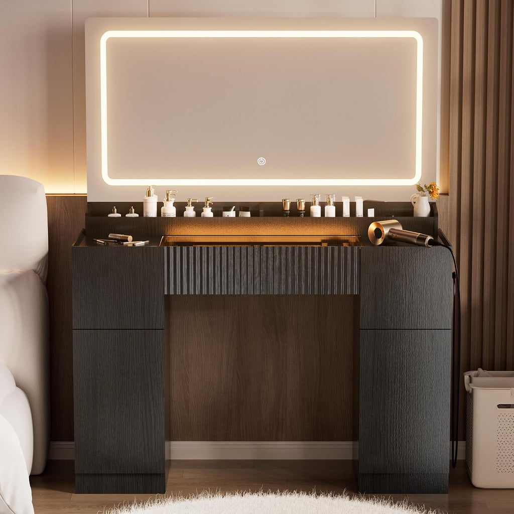 44" Vanity Desk with Large Mirror and Lights, Modern Glass Top Makeup Vanity Set with Power Outlet, 3 Drawers and 2