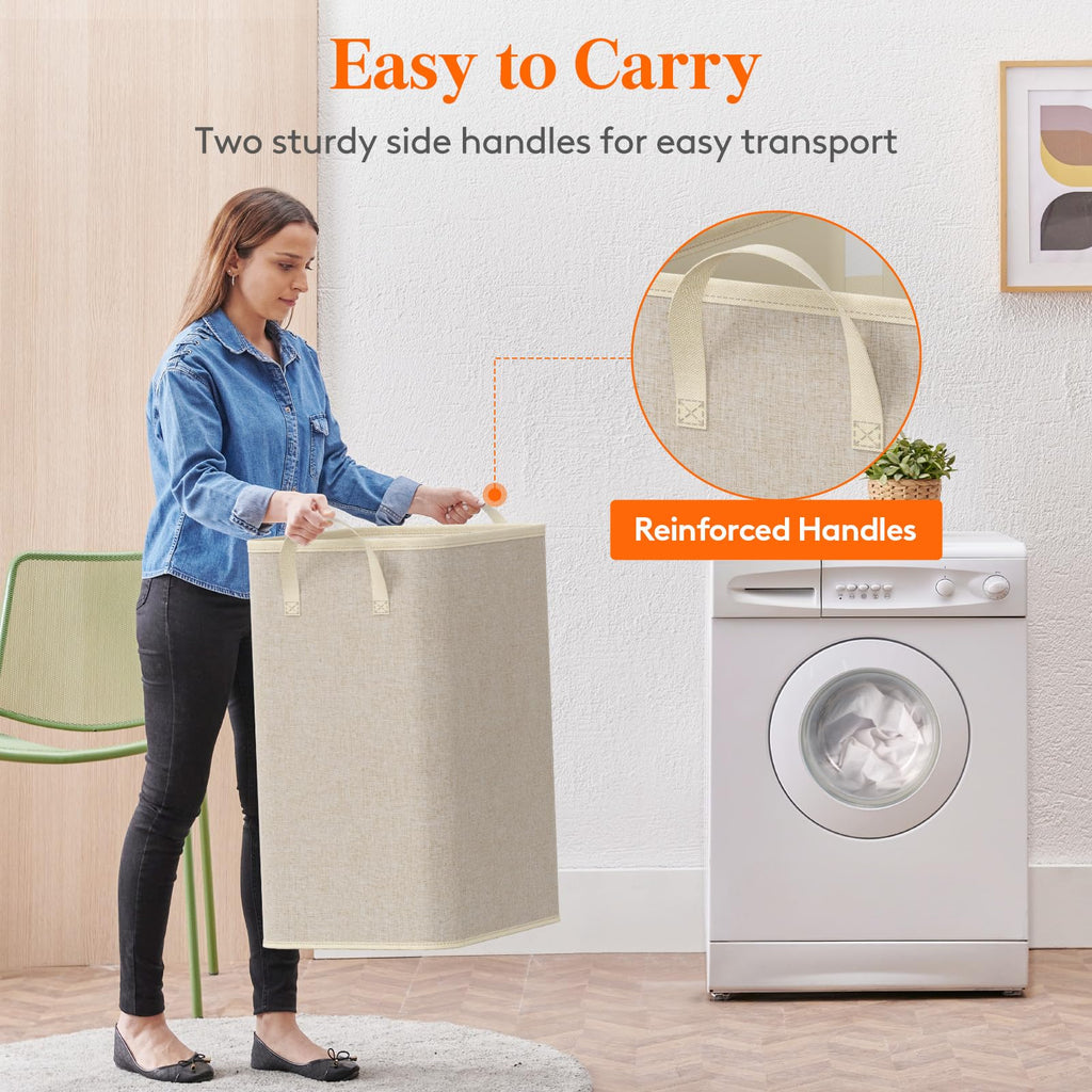 80L Large Laundry Basket with Handles, Beige