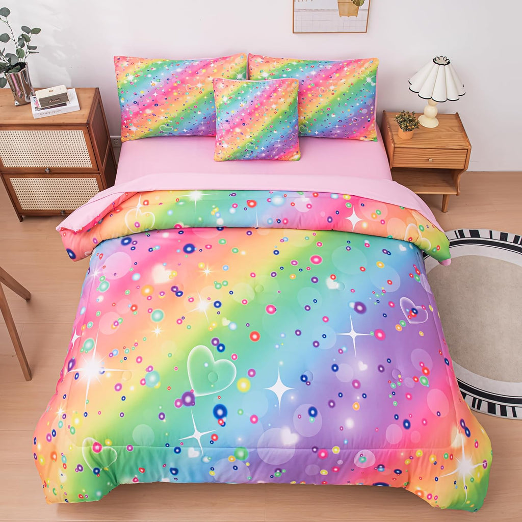 6 Pcs Girls Twin Comforter Set, Colorful Rainbow Galaxy Bedding Sets, Twin Bedding Sets for Girls Kids with 1