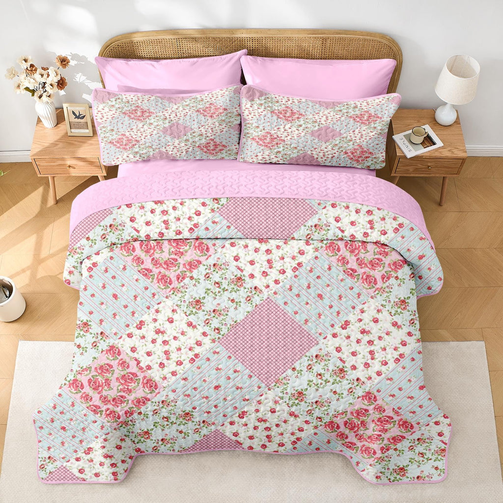 Quilt Set, 2 Pieces Pink Floral Bedding, Bedspread