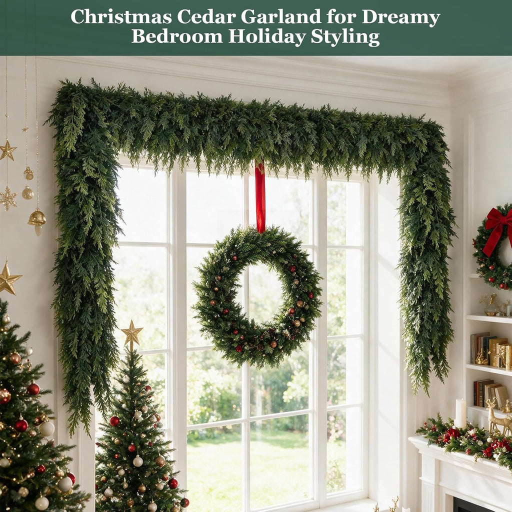 12FT Christmas Cedar Garland, Realistic Artificial Pine Greenery Garland with Flexible Wired Branches, Faux Holiday