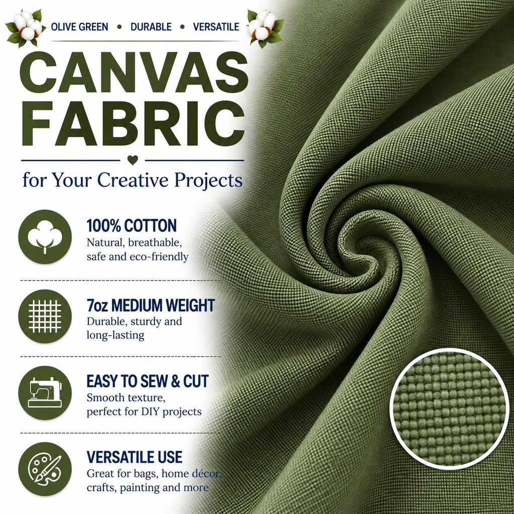 Olive Green Canvas Fabric, Premium 7oz 100% Cotton Duck Canvas Fabric by The Yard, Canvas Material for Sewing
