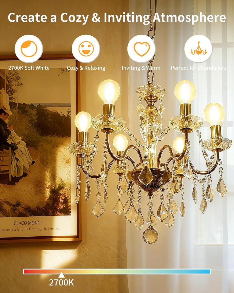 Round E12 Candelabra Bulbs G16.5 60W Equivalent, Dimmable LED Chandelier Light Bulb Soft White 2700K, Globe Lightbulb