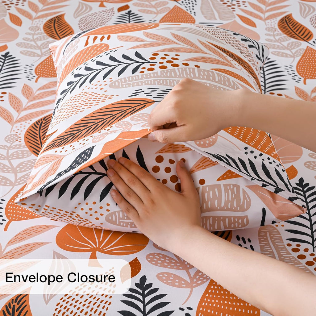 Boho Leaves Printed Sheet Set Queen, Botanical Pattern Bed Sheets Microfiber Bedding Sheets & Pillowcases Soft 15"
