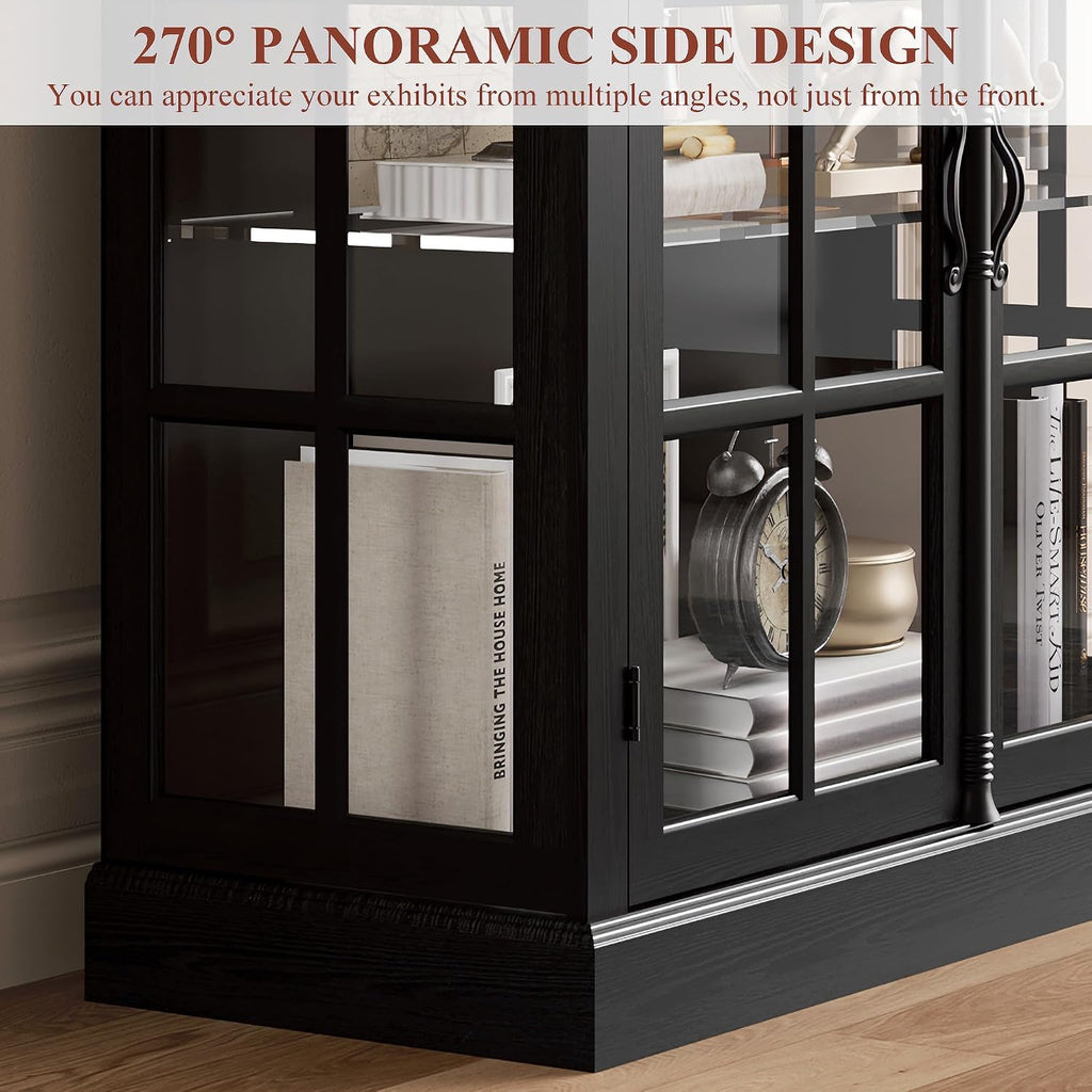 Modern 43" Display Cabinet, Vintage Curio Cabinet with LED Light and Wine Glass Holder, Farmhouse Wine Bar Cabinet