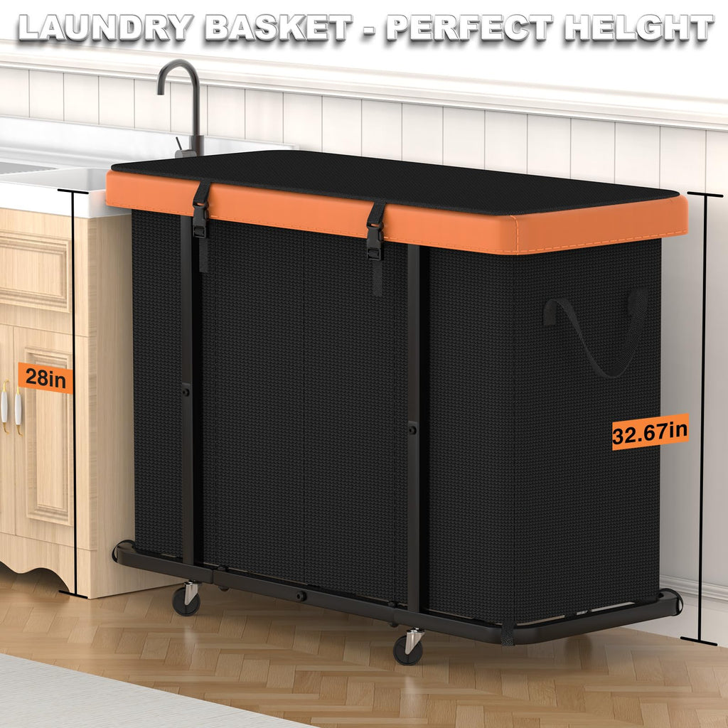 Basket with Wheels, 300L Leather Patchwork Laundry Sorter 4 Section
