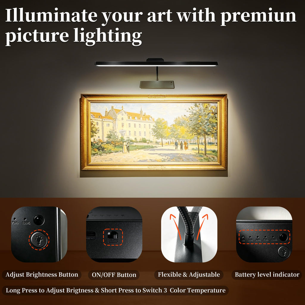 Picture Light for Wall, 4800mAh Rechargeable Wireless Remote, 15in Dimmable Timer LED Art Display Light with 3 Color