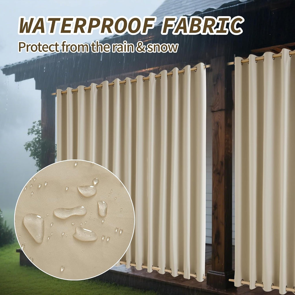Outdoor Curtains Waterproof, Zipper Design 2 Panels Privacy Weatherproof Blackout Curtain Top & Bottom Grommet