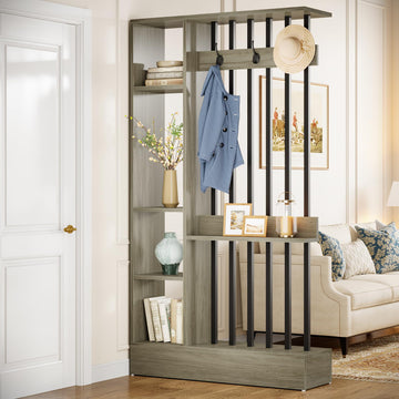 Wall Room Divider, Wood Freestanding Room Divider Bookcase with Shelves & Coat Hooks, 71" Modern Wall Partition