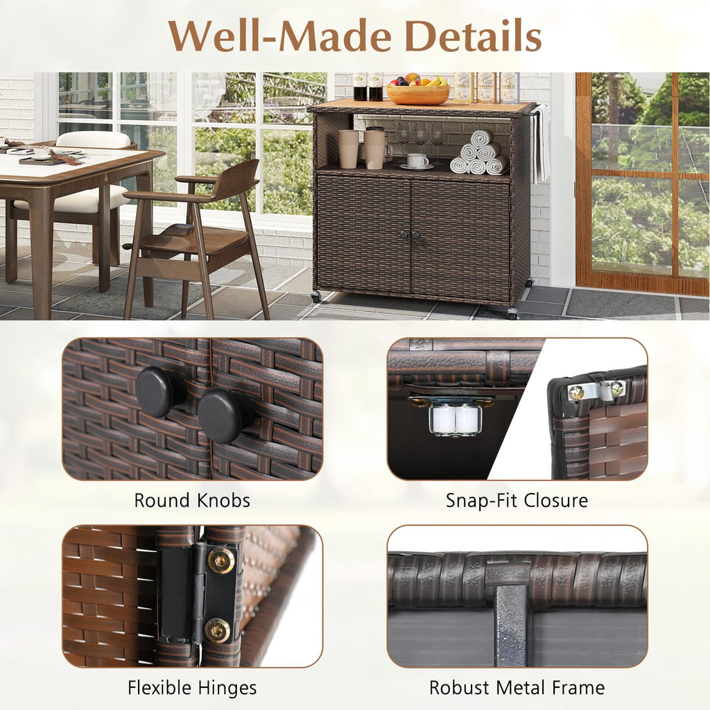 Outdoor Storage Cabinet with 4 Wheels, Wicker Buffet Cabinet with Acacia Wood Countertop, Open Compartment & 2-Door