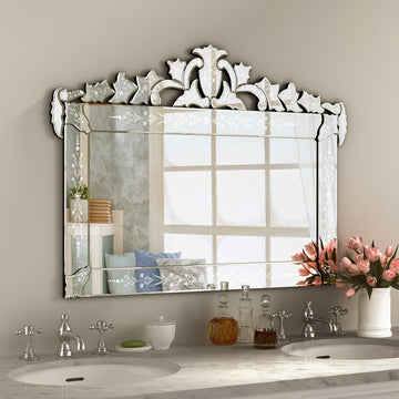 Large Decorative Wall Mirrors 41x31 Inch Venetian Wall Mirror with Ornate Crown, Etched Floral Design Beveled Edge