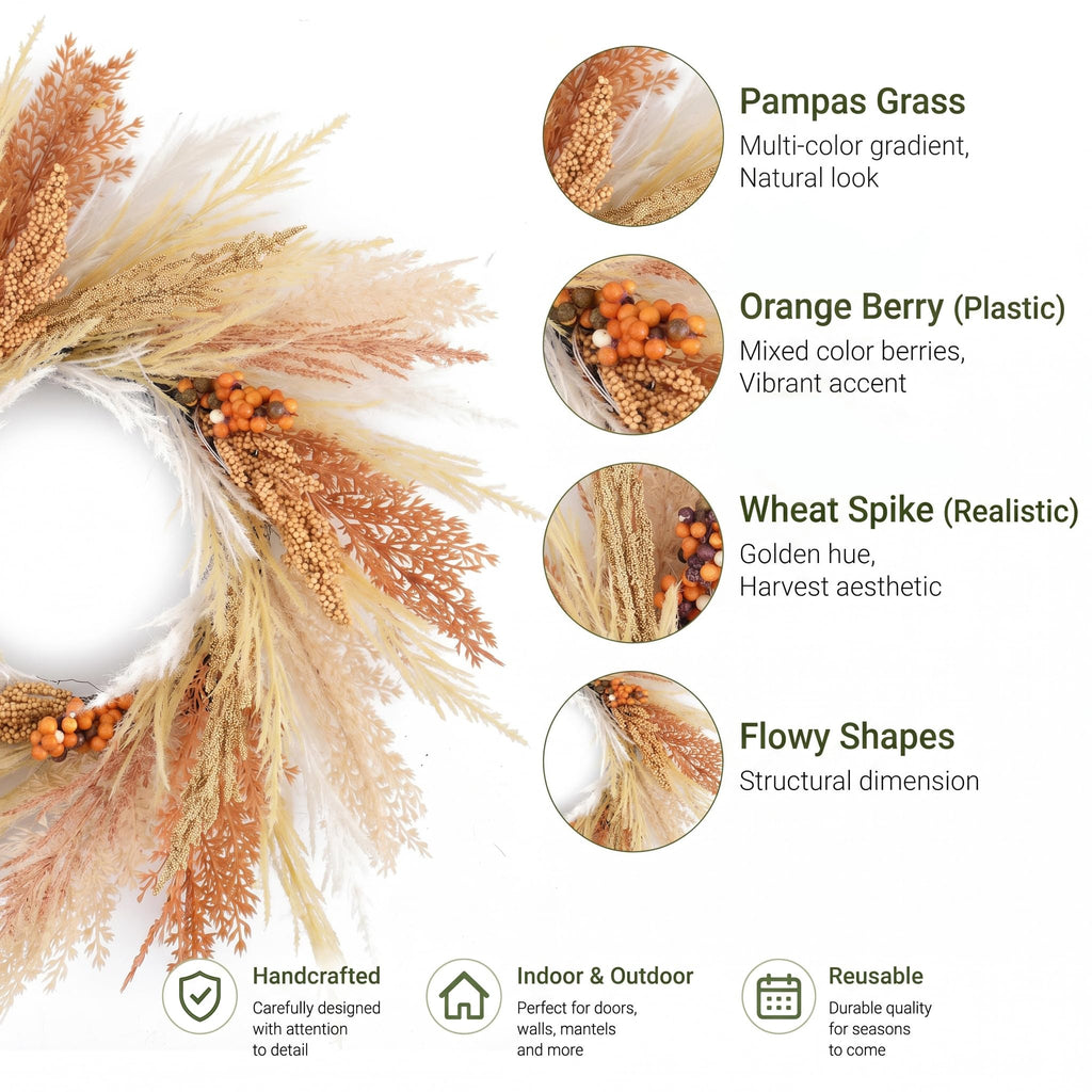 18'' Neutral Fall Pampas Wreath with Lights for Front Door
