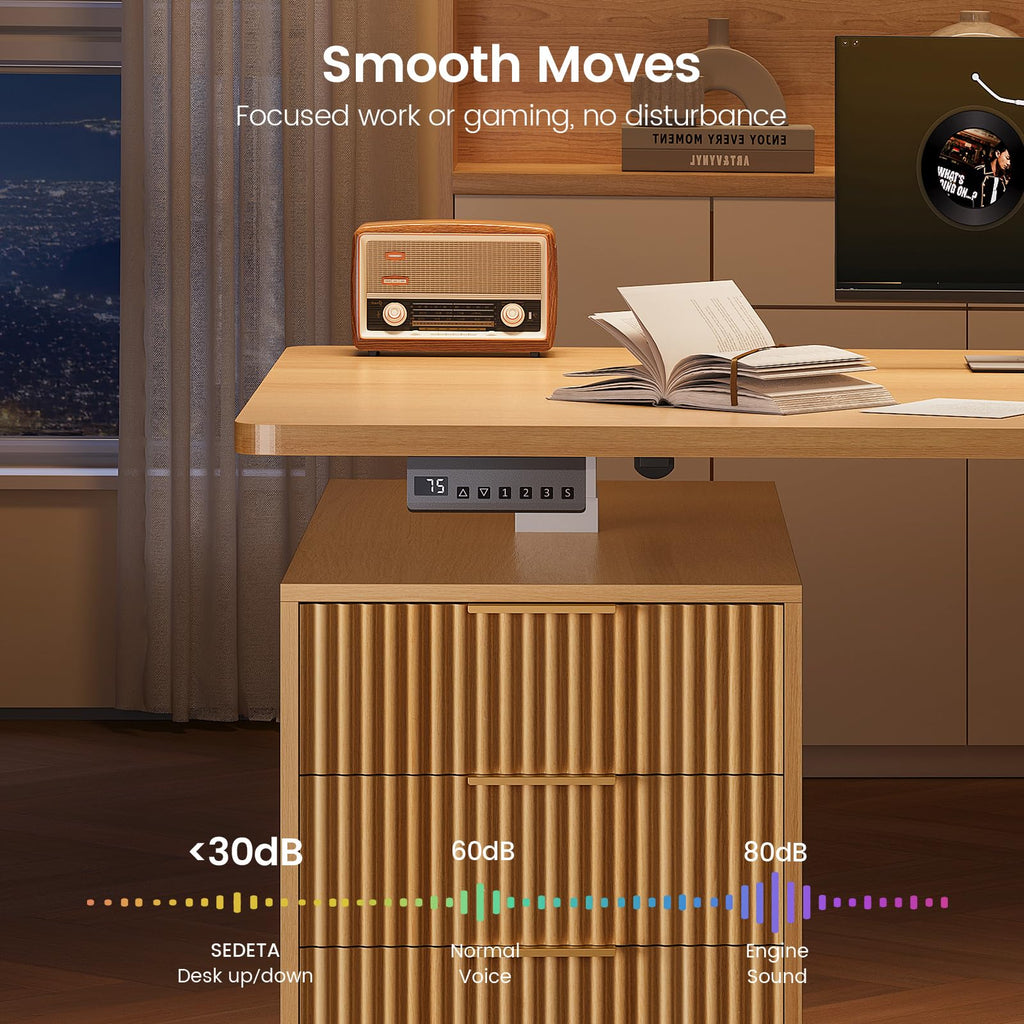 Electric Standing Desk with 6 Drawers, 55" Adjustable Stand up Desk with Storage, Fluted Computer Desks with Power