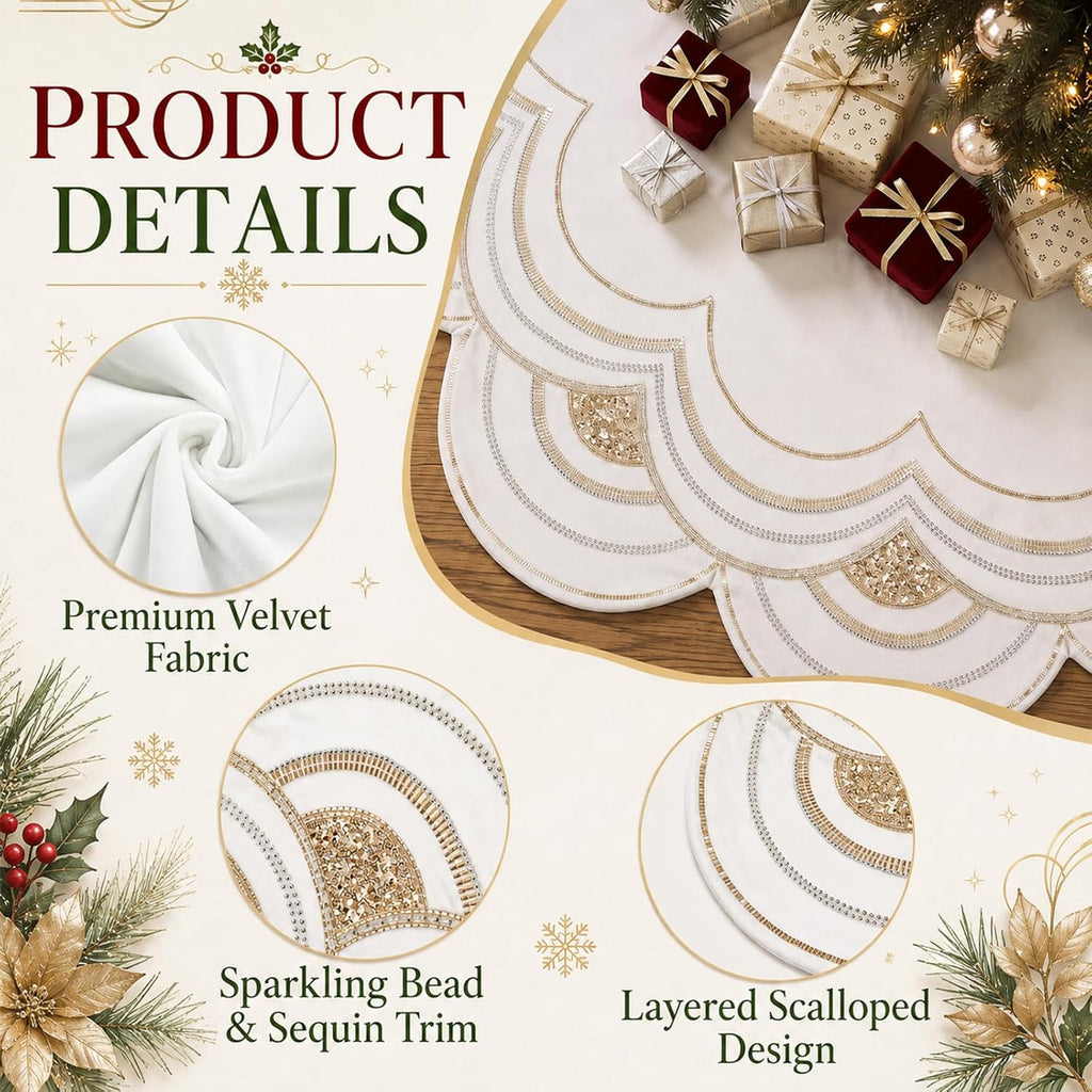 60" Beaded Christmas Tree Skirt Velvet Sequin Xmas Tree Mat,White