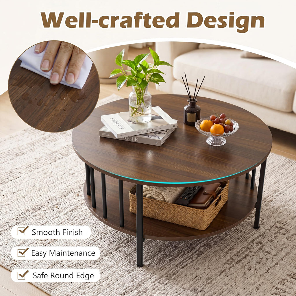 Farmhouse Round Coffee Table, 32.5" Wood Center Table with Storage & Metal Slatted Sides Frame, 2-Tier Accent