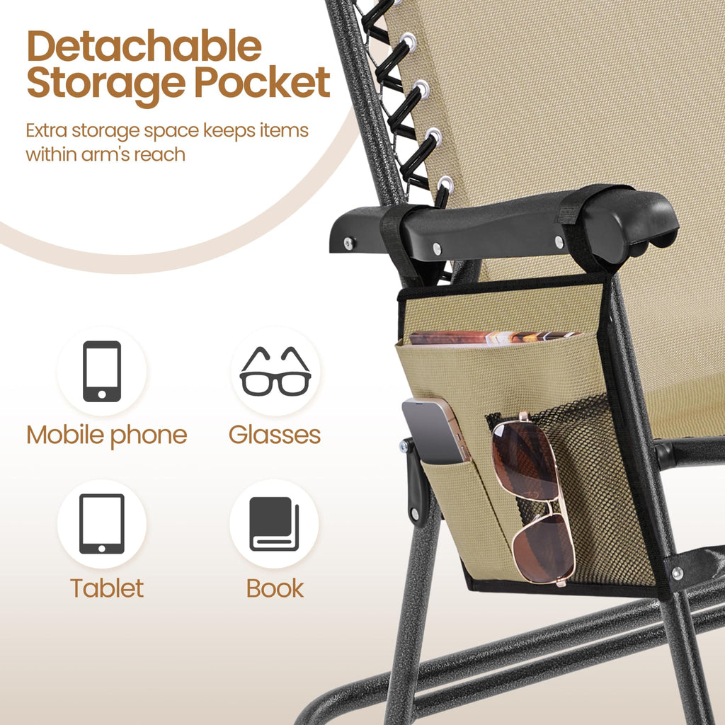 Patio Rocking Chair Folding Camping Chair with Pocket, Beige