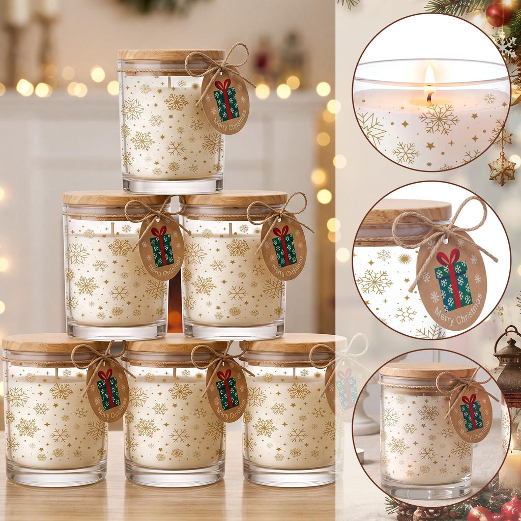 12 Pcs Christmas Candle Glass Jars with Lid, 7 oz, Gold Snowflake